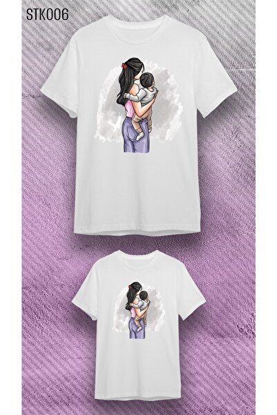 VİZYON İKRA Tricou combinat cu imprimeu pentru mamă și copil din bumbac alb (PREȚUL ESTE PENTRU BUC.)