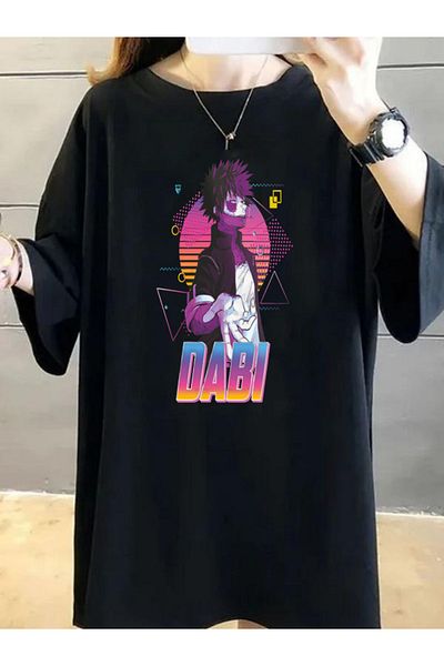 DEEPSENCE Tricou oversize cu imprimeu frontal cu personaj anime Dabi negru pentru femei