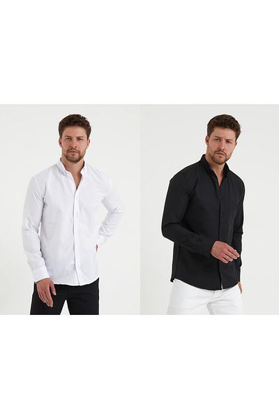 CLIPMAN Мъжка риза Slim Fit с двойна оксфордска яка с копчета, черно-бяла