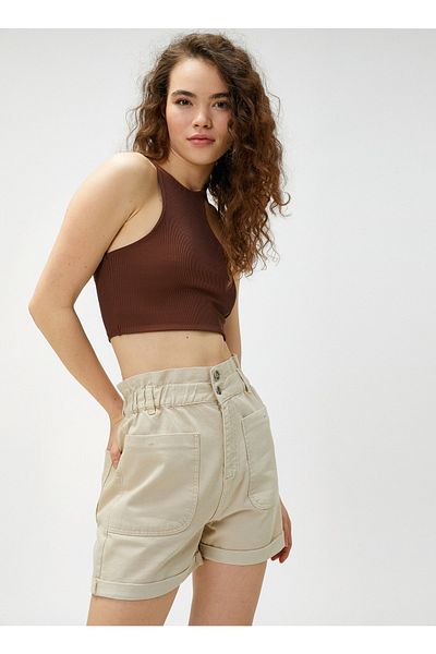 Koton Kravata Waist Standard Beige Dámské šortky 3sal40004mw