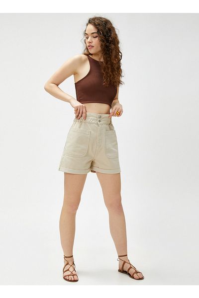 Koton Kravata Waist Standard Beige Dámské šortky 3sal40004mw