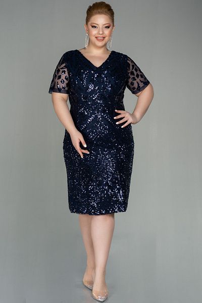 Abiyefon Navy Blue Short Sleeve Sequin Midi Plus Size Evening Dress Abk1624
