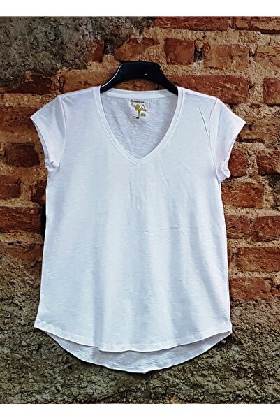 ScubaPromoTurkey Beyaz %100 Pamuk Flamlı V Yaka Örme T-shirt