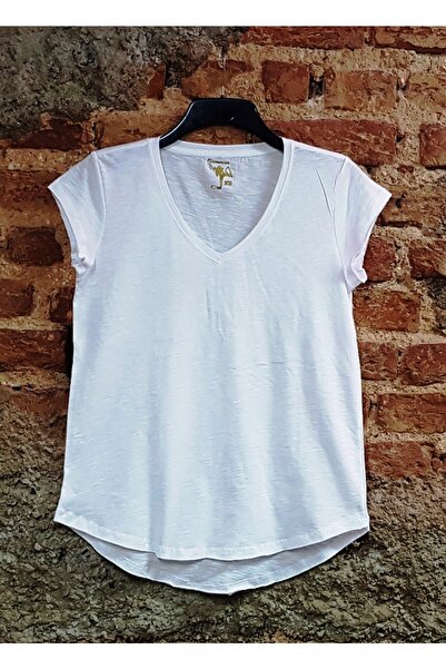 ScubaPromoTurkey White 100% Cotton Flared V-Neck Knitted T-shirt