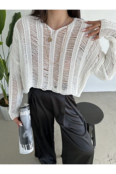 JaNef Kadın Salaş Örme Delikli Triko Kazak Beyaz-k