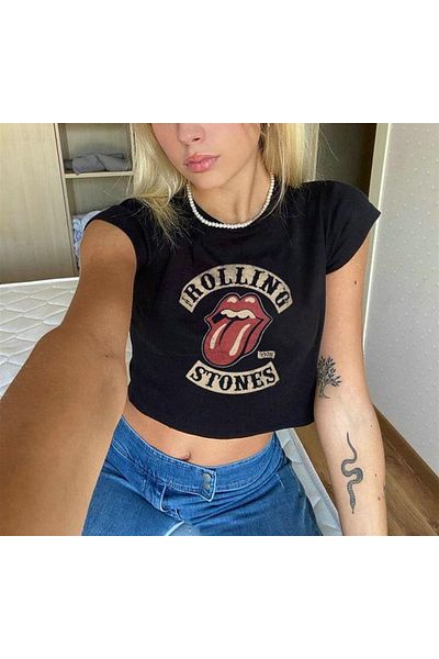 Gofeel Rolling Stones Patterned Black Color Harajuku Women's Crop Blouse T-Shirt