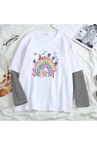 Touz Slipknot Rainbow Printed Unisex Λευκό T-shirt - Ψεύτικα μανίκια