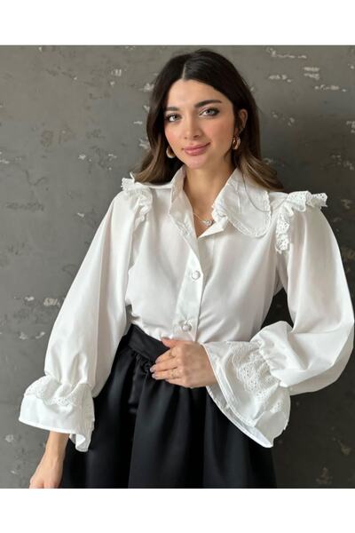 MELEK KOSTAK Kadın Tasarım Bebe Yaka Fistolu Omuz Kol Fırfırlı Düğme Detay Po...