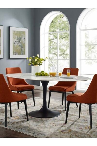 Evka Tulip Siyah Masa 130 Çap Beyaz Mermer, Yemek Masası, Mutfak Masası