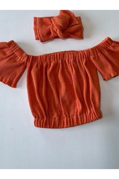 özge başaran Girl's, Lycra Leather Bow Detailed Trousers, Orange Strapless Crop Blouse and Headband Set.