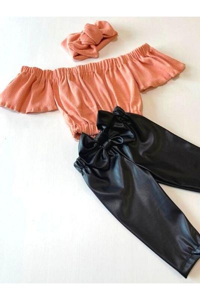 özge başaran Kids, Lycra Leather Bow Detailed Trousers, Salmon Color Strapless Crop Blouse and Headband Set.
