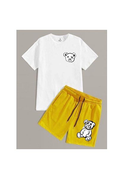NO 601 White Oversize Wide Fit Tshirt Yellow Combed Cotton Shorts Sports Suit