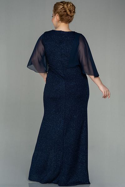 Abiyefon Navy Blue Short Sleeve Long Glitter Plus Size Evening Dress Abu2857