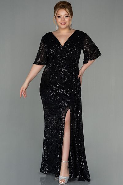 Abiyefon Black Short Sleeve Long Sequin Plus Size Evening Dress Abu2796