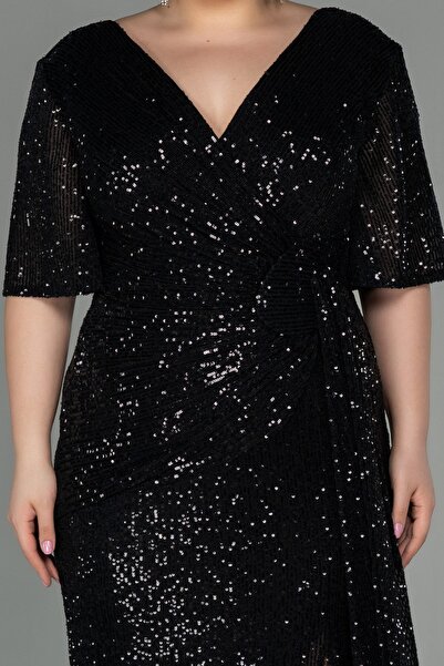Abiyefon Black Short Sleeve Long Sequin Plus Size Evening Dress Abu2796