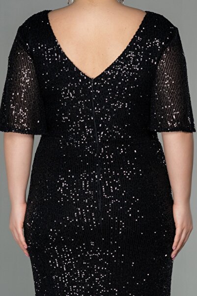 Abiyefon Black Short Sleeve Long Sequin Plus Size Evening Dress Abu2796