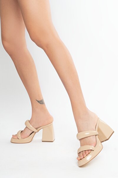 PASSAGE SHOES Women's Patent Leather Double Band Platform Heeled Slippers 6198