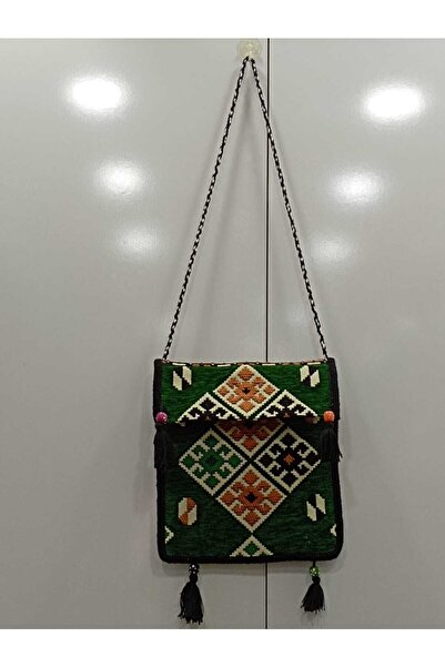 NUR TEKSTİL Kadın Yeşil Etnik-otantik Orijinal Dokuma Heybe Çanta Yıkana Bilir