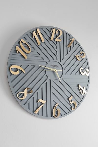 Mitra Dekor Geometrik Çizgili - Grafiti Gri & Gold - 50cm Duvar Saati