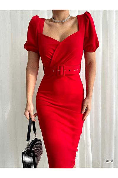 modakyra Rochie de damă roșie cu decolteu în formă de U, mânecă scurtă cu balon, cu centură, din material creponat, de lungime midi