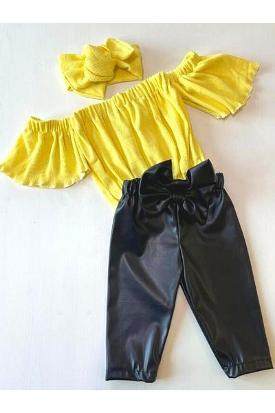 özge başaran Girl's, Lycra Leather Bow Detailed Trousers, Yellow Strapless Crop Blouse and Headband Set.