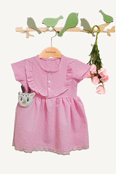 inci wear Pileli Kız Bebek Elbisesi Yazlık Yakası Geyik Oyuncaklı Pembe Renk
