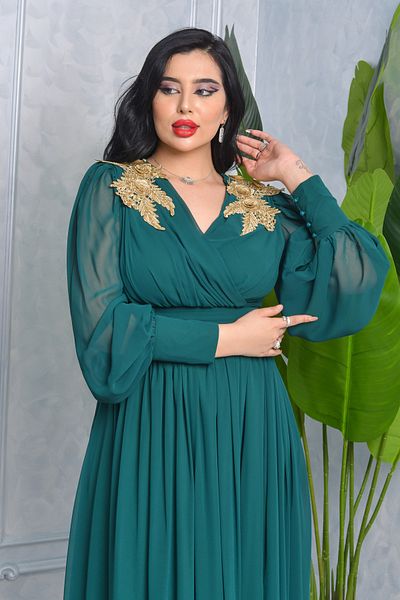 Matik Abiyem Chiffon Design V Off-Shoulder Flower Accessory Sleeves Long Balloon Transparent Long Evening Dress