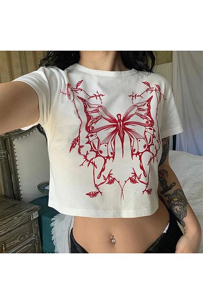 Gofeel Symmetrical Butterfly Patterned White Color Harajuku Women's Crop Blouse T-Shirt
