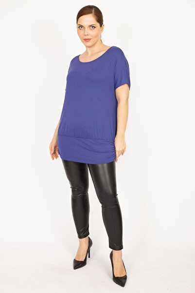 Şans Women's Indigo Large Size Bicycle Collar Skirt Tip Banded Tunic 65n35935