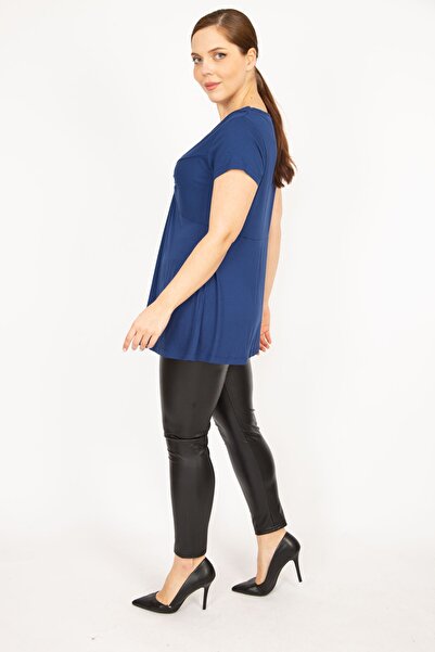 Şans Women's Navy Blue Large Size Chest Gathered Tunic 65n35936