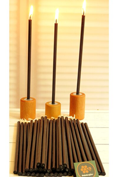 Petekoğlu (50 Adet Siyah) Balmumu Mum (3 Adet Takım) Özel Dizayn Ahşap Mumluk Dilek Mumu Doğal Petek Mum