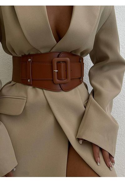 lovebox Women's Flexible Elastic Detailed Waist Corsage Big Buckle Faux Leather Brown Wide Women's Belt 1743