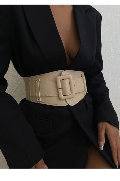 lovebox Flexible Faux Leather Beige Belt - Large Buckle, Corset Waist, Rubber Detail 1743