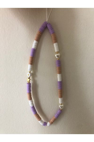 Stoneday Lilac Color Gold Star Pearl Detailed White Fimo Bead Phone Strap Ornament Charm