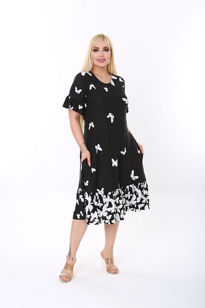 Mezura Plus Size Knee Length Sleeve and Skirt Ruffle Detailed Stylish Pocketed Viscose Combed Cotton Dress