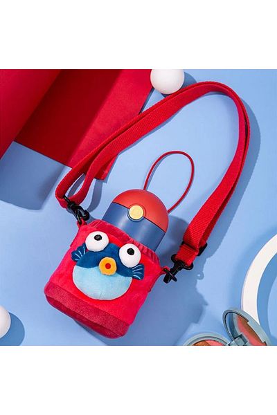 DILLER Insulated Kids Bottle Fish Polar Sheathed Carrying Strap Straw Steel Flask 300ml Red