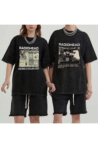 Touz Πλυμένη αφίσα Radiohead με εκτύπωση Unisex Oversize Vintage T-shirt