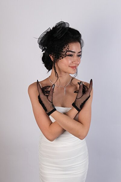 Limelia Șapcă pentru costum cu buline negre și mănuși de mireasă cu flori