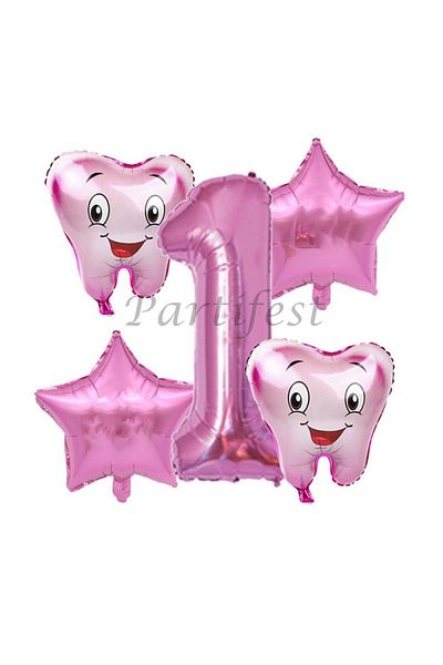 Parti Station Tooth Wheat Balloon Set My First Teeth Foil Balloon Set Concept Birthday Set Age Balloon