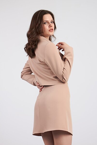 Ortaya Çık Beige Slit Fabric Mini Skirt