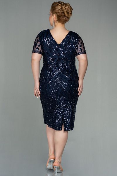 Abiyefon Navy Blue Short Sleeve Sequin Midi Plus Size Evening Dress Abk1624