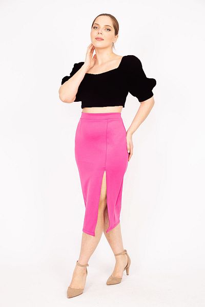 Şans Women's Fujya Large Size Scuba Fabric Back Hidden Zip Slit Skirt 65n35888