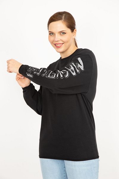 Şans Women's Black Large Size Cotton Fabric Sleeve Detailed Sweatshirt 65n35947
