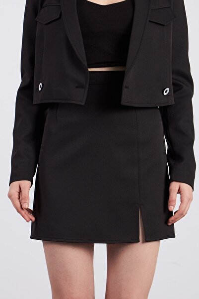 Ortaya Çık Black Slit Fabric Mini Skirt