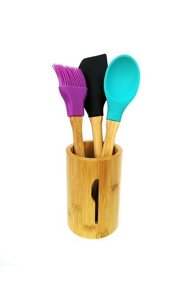 ELEGANCEV Silicone Spoon Spatula Brush Set with Bamboo Stand and Bamboo Handle