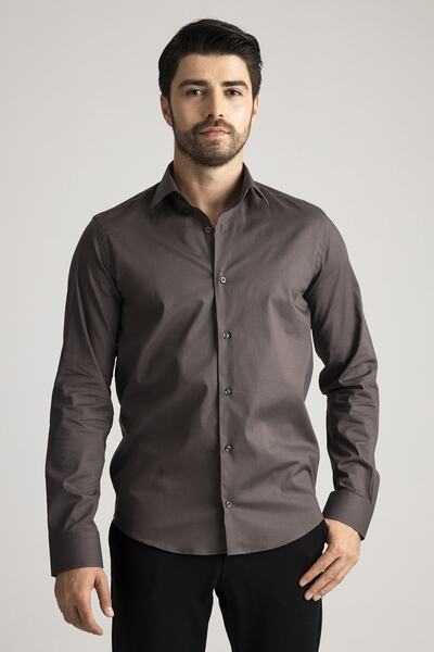 alenmeza Erkek Antrasit Gri %100 Pamuk Saten Non-ıron Ütü Istemeyen Casual Cepsiz Modern Fit Gömlek