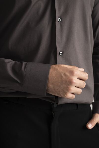 alenmeza Erkek Antrasit Gri %100 Pamuk Saten Non-ıron Ütü Istemeyen Casual Cepsiz Modern Fit Gömlek