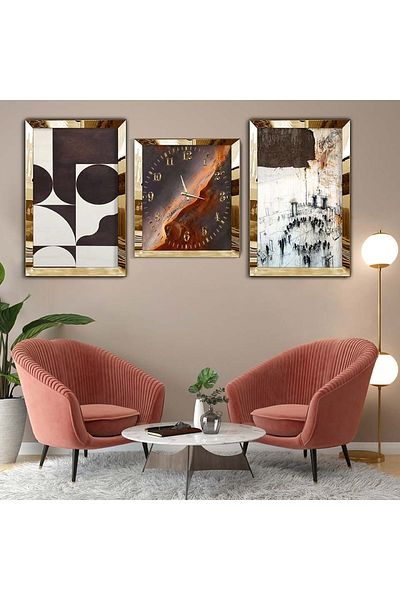Zevahir Mobilya Dekorasyon Σετ τριπλό τραπέζι MDF Gold Plexi Edge Σετ ρολογιών