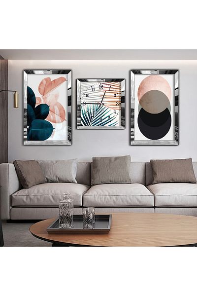 Zevahir Mobilya Dekorasyon Set de pictură din MDF triplu cu oglindă și set de ceasuri cu cadru din plexiglas cu oglindă argintie