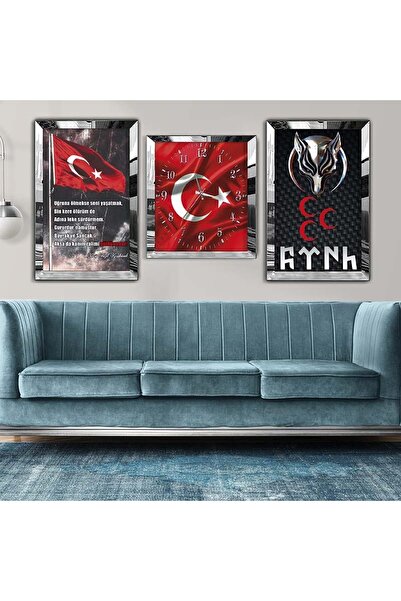 Zevahir Mobilya Dekorasyon Gümüş Aynalı Kürk Bayrağı Ve Ülkücü Sembolü Üçlü M...